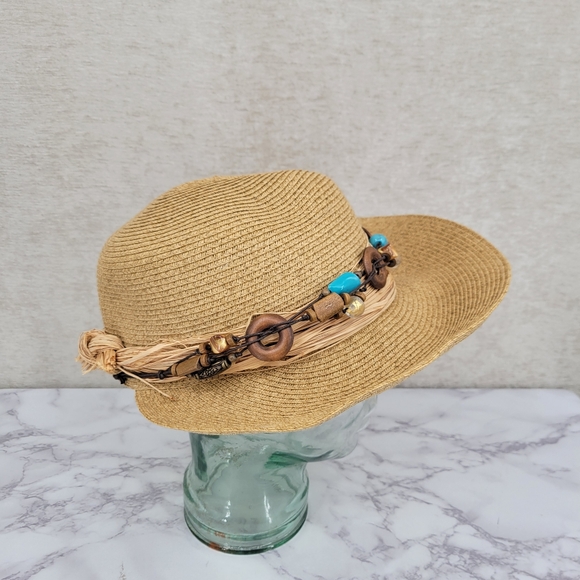 Cappelli Stylish Tan Straw Hat with Beaded Band Wide Brim Sun - Picture 1 of 14